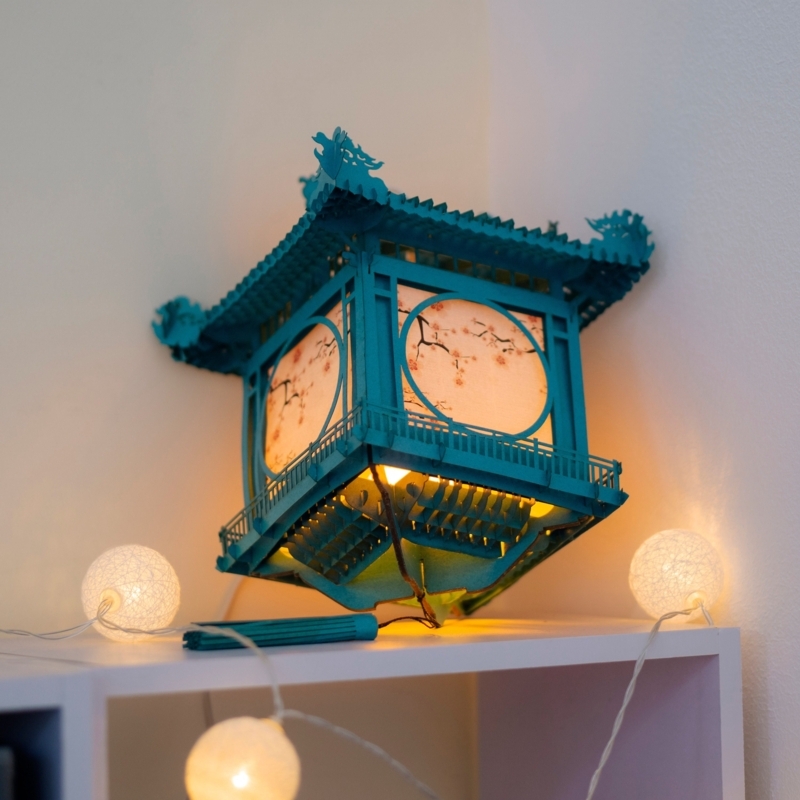 Pagoda Lantern Teal Frame Dragon Accents Cherry Blossom Japanese Decor