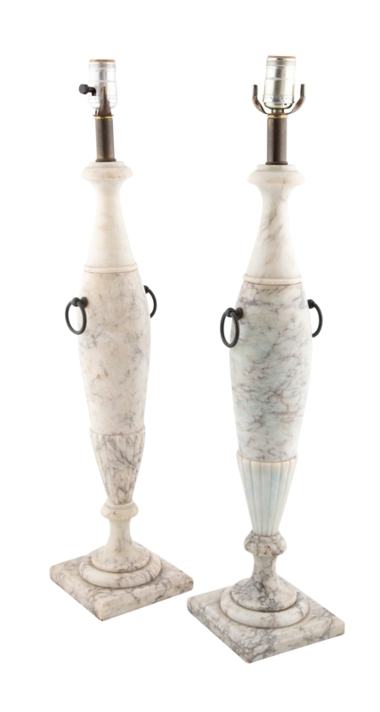 Pair Classical Alabaster Urn Table Lamps with Metal Side Ring Handles