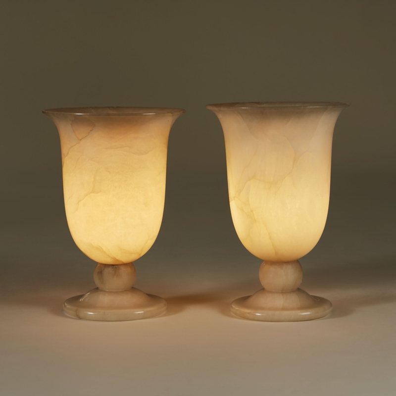 Pair Mid-Century Italian Alabaster Urn Lamps, Goblet Silhouette