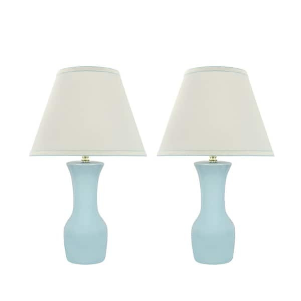 Pair of Light Blue Table Lamps, Waisted Ceramic