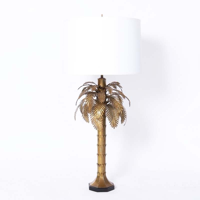 Pair of Mid Century British Colonial Style Brass Palm Tree Table Lamps
