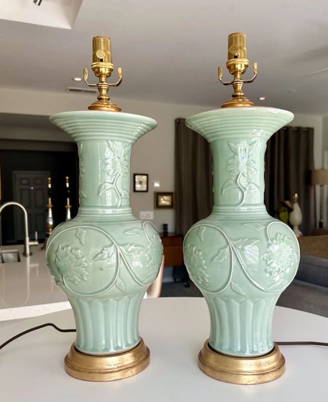 Pair of Table Lamps Celadon Green Relief Floral Motif Flared Rim
