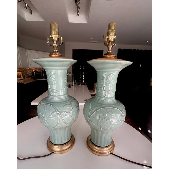 Pair of Table Lamps Chinoiserie Celadon Porcelain Fluted Neck