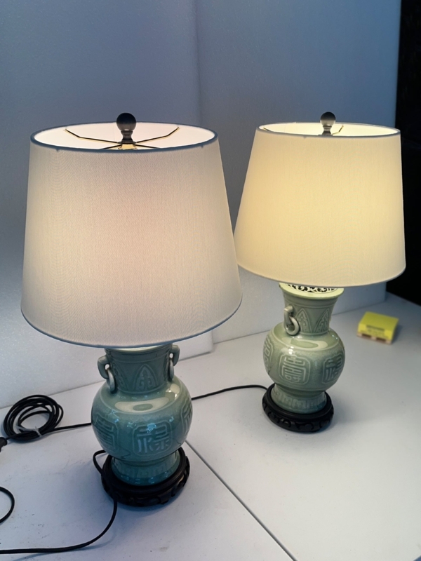 Pair of Table Lamps Mid-Century Chinoiserie Celadon Crackle Ceramic