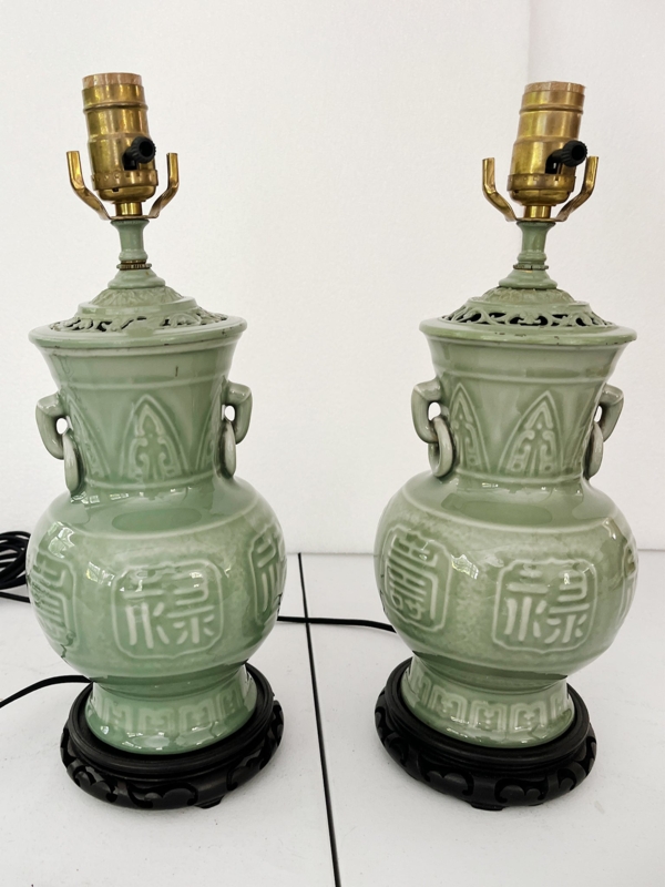 Pair of Table Lamps Vintage Celadon Ceramic Carved Openwork Top