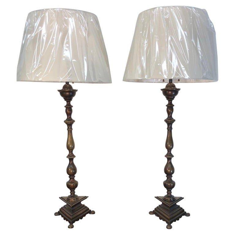 Pair Table Lamps Antique Bronze Baluster Stem Tiered Base Bun Feet Dutch