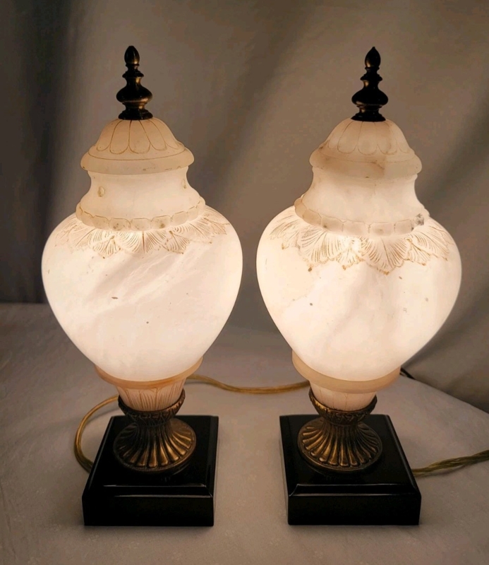 Pair Vintage Art Deco Carved Alabaster Urn Lamps, Metal Finials