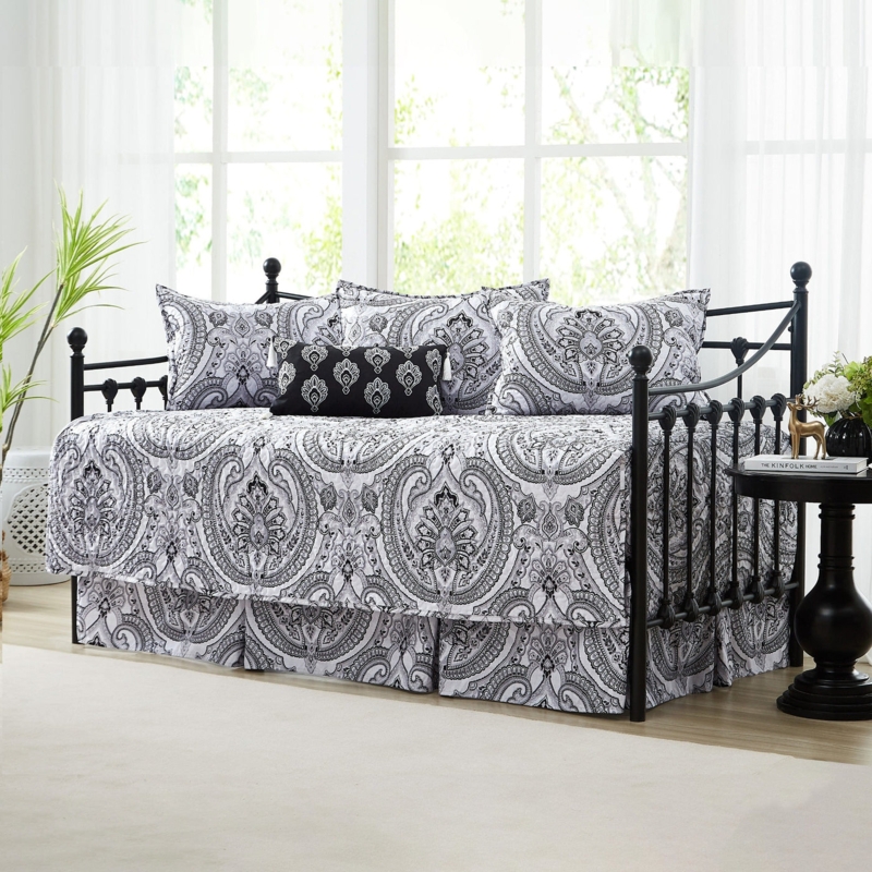 Paisley Daybed Cover Set Black Metal Frame Monochrome Chic
