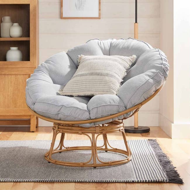 Papasan Chair Rattan Cane Bowl Seat Tufted Cushion Grey Boho Reading Nook