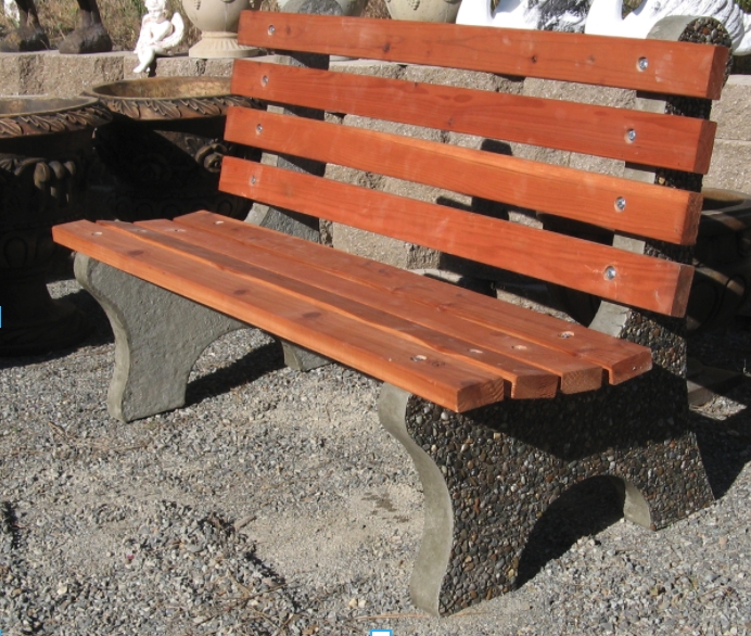 Park Bench: Exposed Aggregate Bench with Reddish Wood Finish Slats