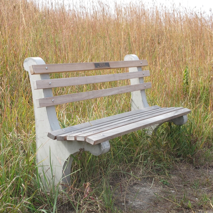 Park Bench: Memorial Park Seating with Wood Slats and Concrete Ends