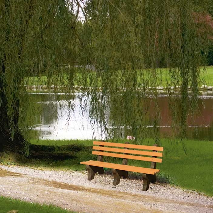 Park Bench: Orange Poly Park Bench with Heavy Concrete Legs