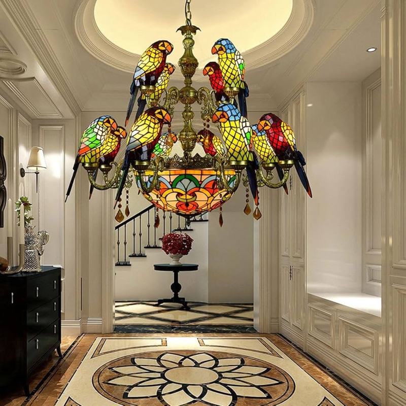 Parrot Tiffany Chandelier Pendant with Tiered Design and Mosaic Bowl