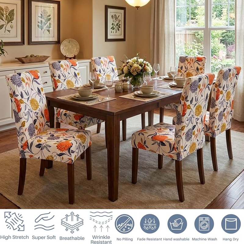 Parson Chair Covers Orange Floral Pattern High Stretch Fit Traditional