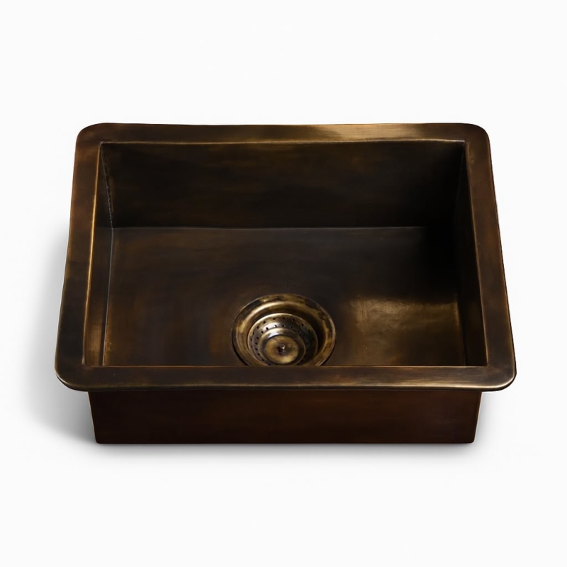 Patinated Antique Brass Kitchen Sink, Deep Rectangular Basin Design