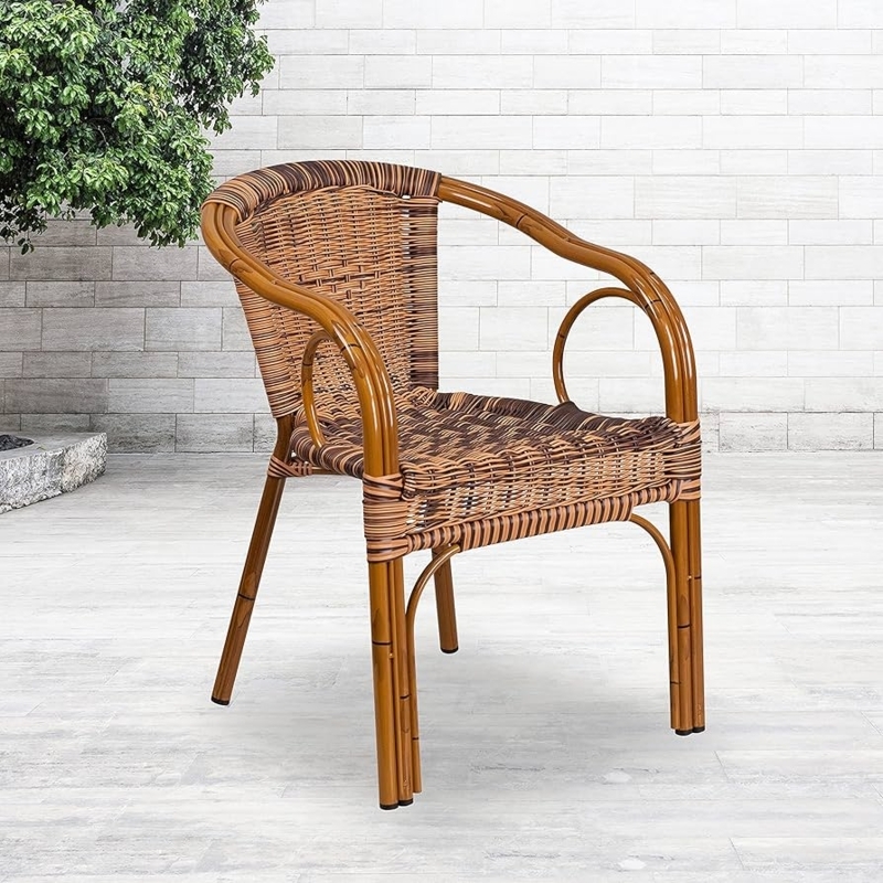 Patio Chair Reddish Brown Bamboo Aluminum Woven Rattan Curved Arms