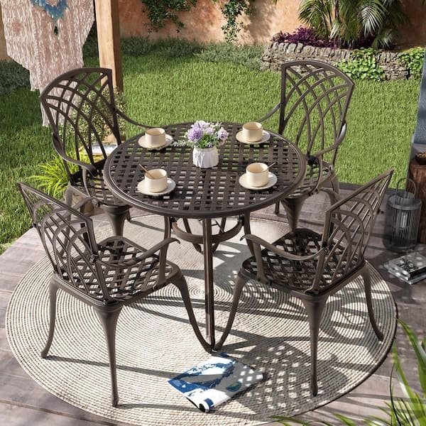 Patio Dining Set Antique Bronze Lattice 5-Piece Set Umbrella Hole
