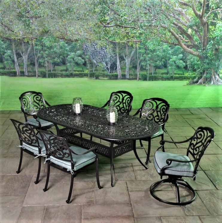Patio Dining Set Cast Aluminum Oval Table Swivel Rocker Scrollwork