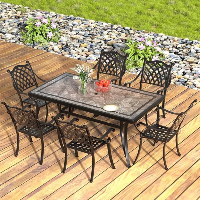 Patio Dining Set Ceramic Tile Top Lattice Back Chairs Umbrella Hole