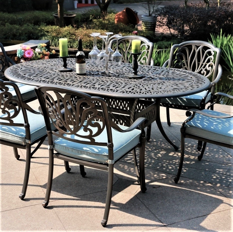 Patio Dining Set Dark Bronze Scrollwork Oval Table Blue Cushions
