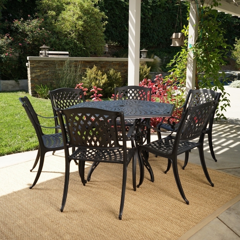 Patio Dining Set Hexagonal Table Lattice Back Matte Black Metal