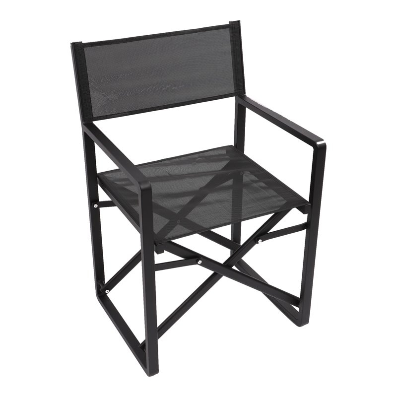 Patio Directors Chair in All Matte Black Mesh with Square Aluminum Arms