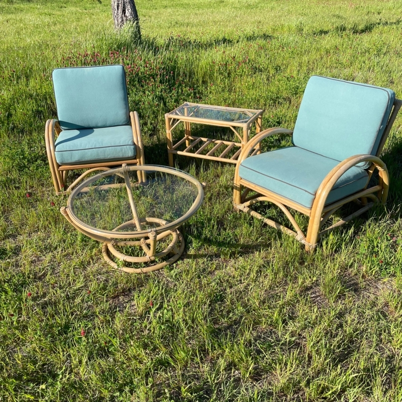 Patio Furniture Set 1980s Bent Bamboo Seafoam Green Cushions Glass Top