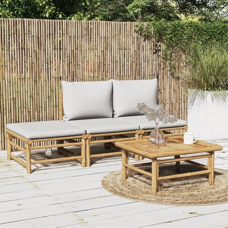 Patio Furniture Set Bamboo Frame Light Gray Cushions Slatted Base Boho
