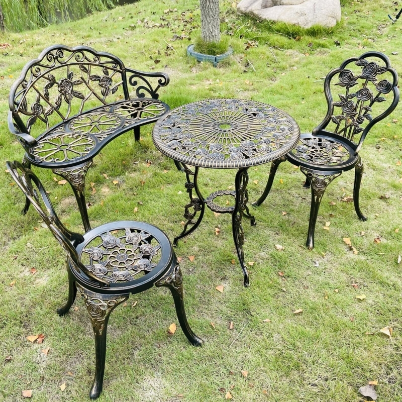 Patio Furniture Set Rose Motif Bronzed 4-Piece Victorian Bench