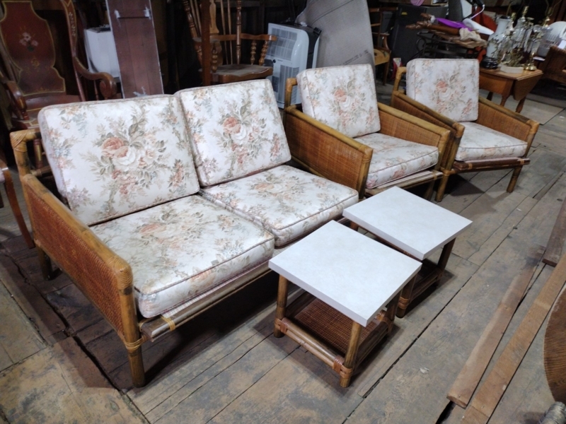 Patio Seating Set Vintage Rattan Bamboo Floral Print Cushions Tropical