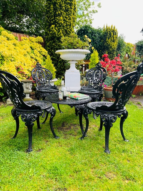 Patio Set Black Cast Iron Scrollwork Back Filigree Table Victorian