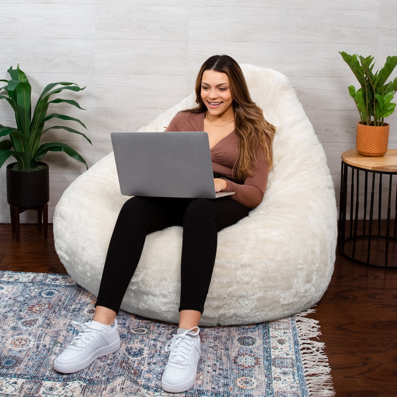 Pear Shaped Bean Bag Chair in Shaggy Faux Fur, Creamy White
