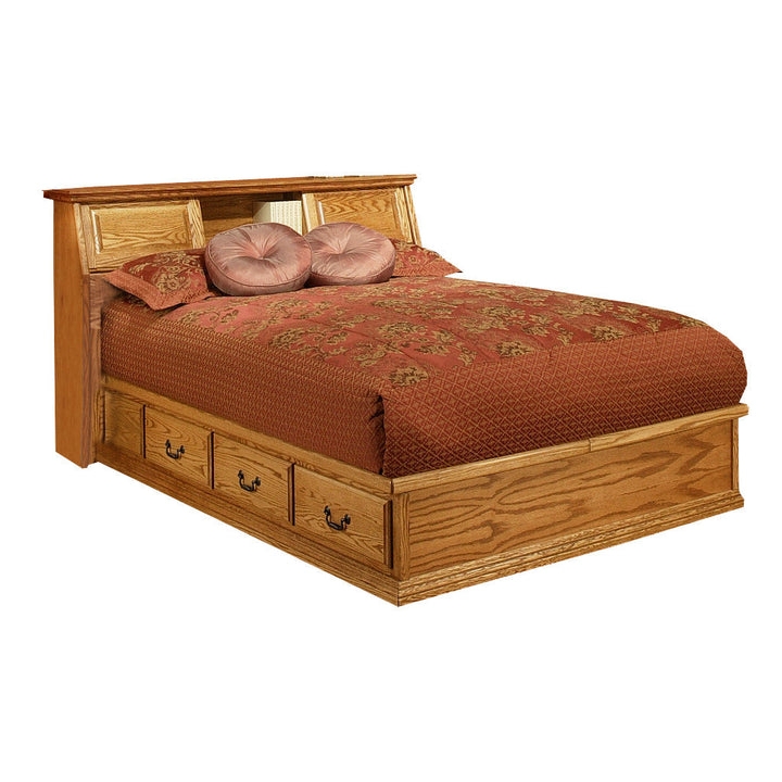 Pedestal Bed Honey Oak Raised Paneling Bookcase Headboard Storage