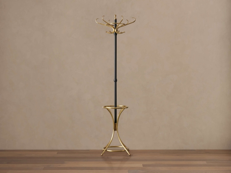 Pedestal Coat Stand: Two-Tone Matte Black & Brass Finish