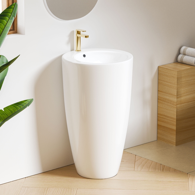 Pedestal Sink Circular Monolithic Vitreous China Polished Gold Faucet