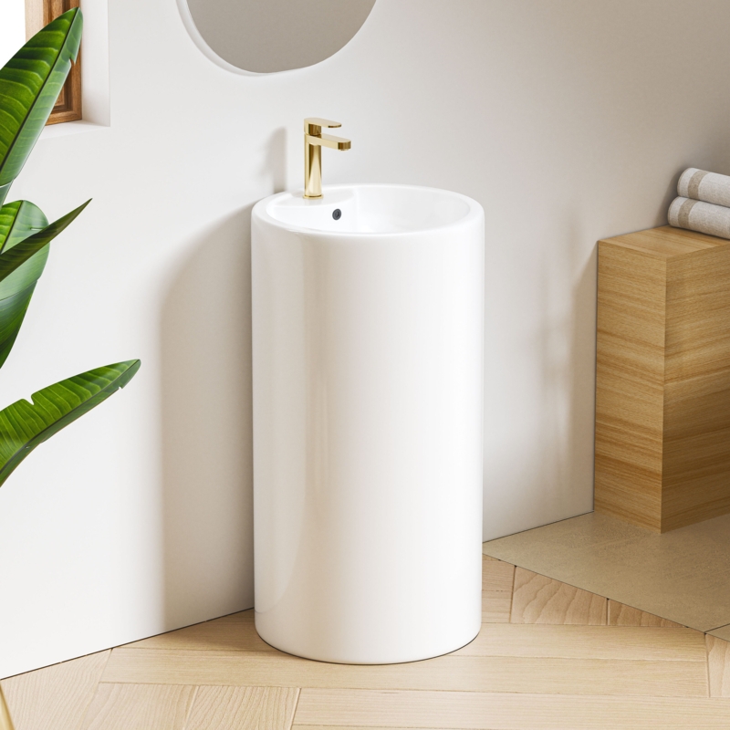 Pedestal Sink Cylindrical Vitreous China Integrated Basin Brushed Gold