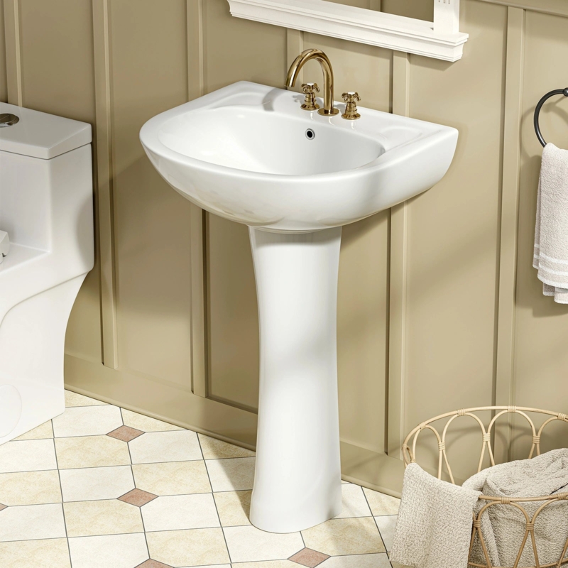Pedestal Sink Integrated Counter Space Fluted Base Glossy Ceramic Gold