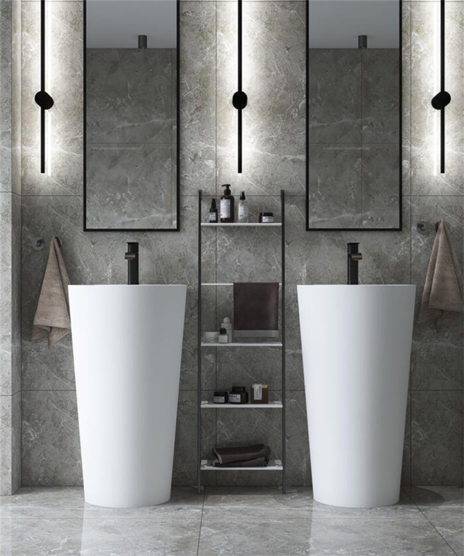 Pedestal Sink Matte White Tapered Basin Black Hardware Symmetrical Layout