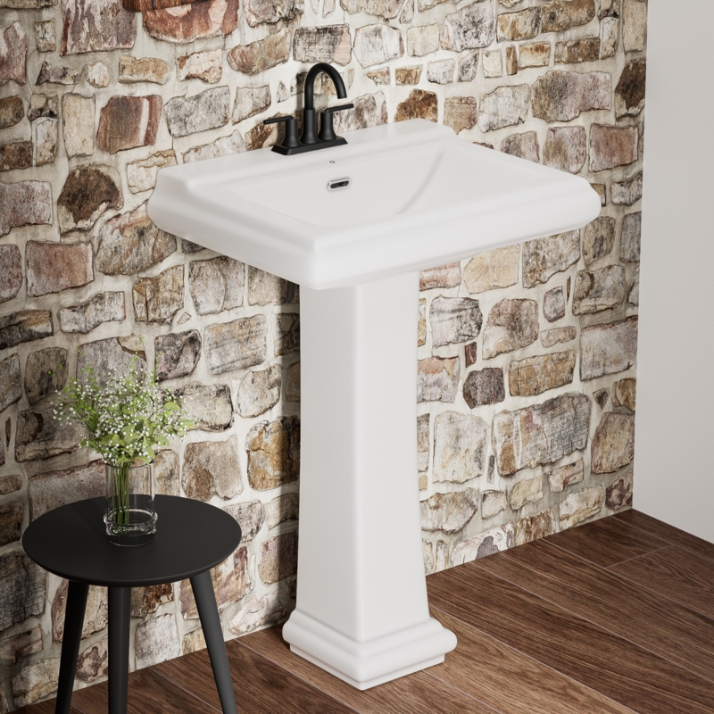 Pedestal Sink Rectangular Stepped Base Matte Black Faucet Transitional