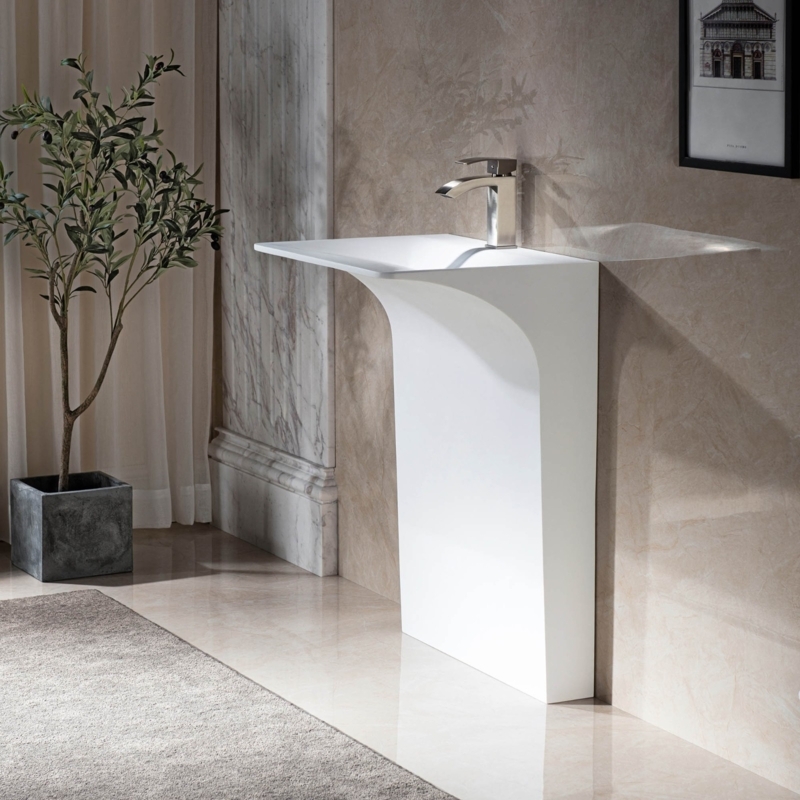 Pedestal Sink Seamless Solid Surface Matte White Curved Rectangular Basin