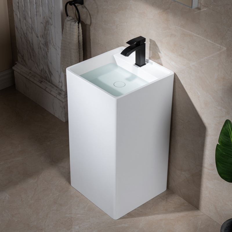 Pedestal Sink Solid Surface Square One Piece Matte Finish Matching Drain