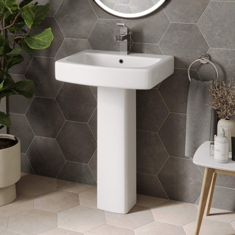 Pedestal Sink Square Ceramic Basin Glossy Finish Sharp Edges Full Column