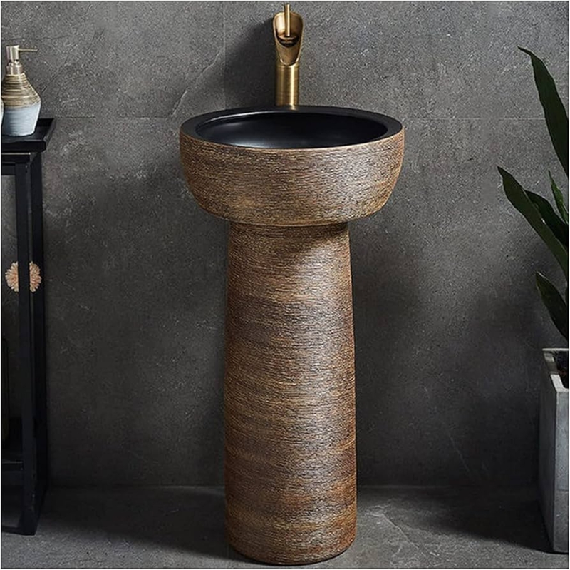 Pedestal Sink Textured Ceramic Round Basin Matte Black Interior Bronze