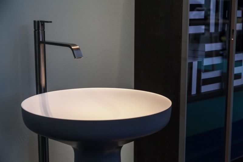 Pedestal Sink Two Tone Matte Charcoal Circular Shallow Bowl Floor Faucet
