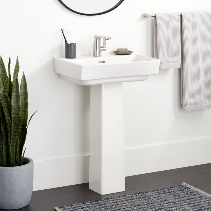 Pedestal Sink White Rectangular Basin Square Column Geometric Lines Modern