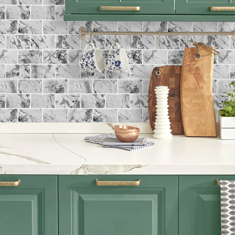 Peel And Stick Backsplash Marble Veined Subway Tile Matte Finish