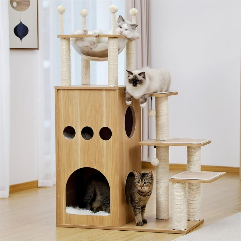 Pefilos 49" Wood Cat Tree, Modern Tower, Large Space Capsule Bed for  Multiple Cats, Beige -