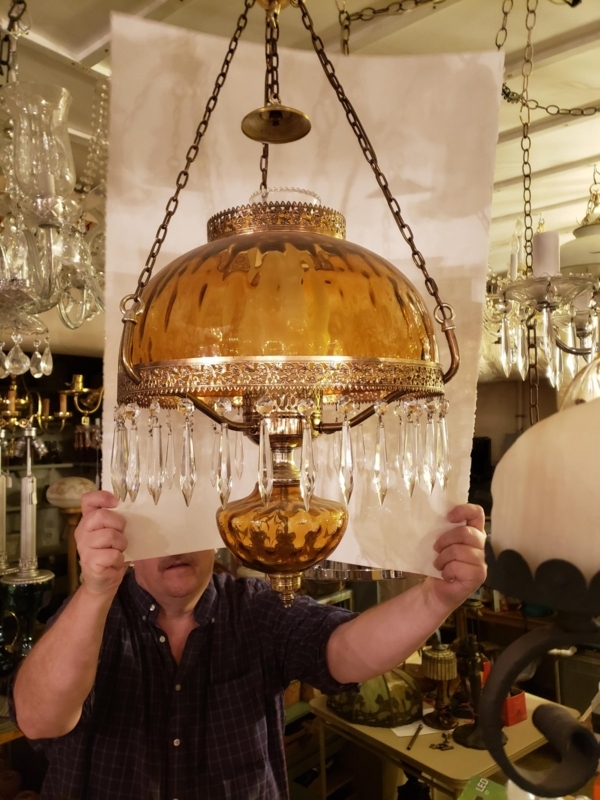 Pendant Light Amber Glass Shade Crystal Prisms Filigree Gallery