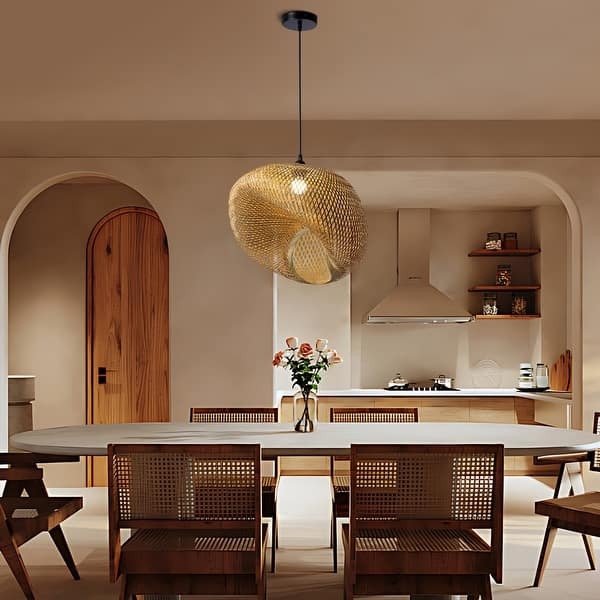 Pendant Light Asymmetrical Bamboo Woven Mesh Organic Japandi Form