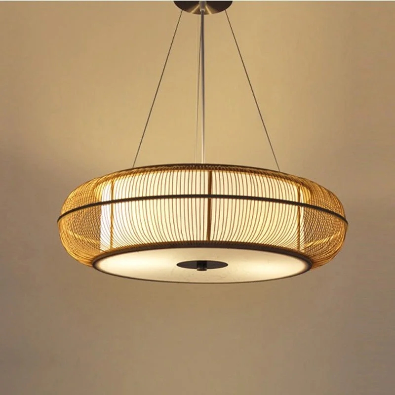 Pendant Light Bamboo Slats Dual Layer Shade Japandi Wide Diameter Cable Suspension
